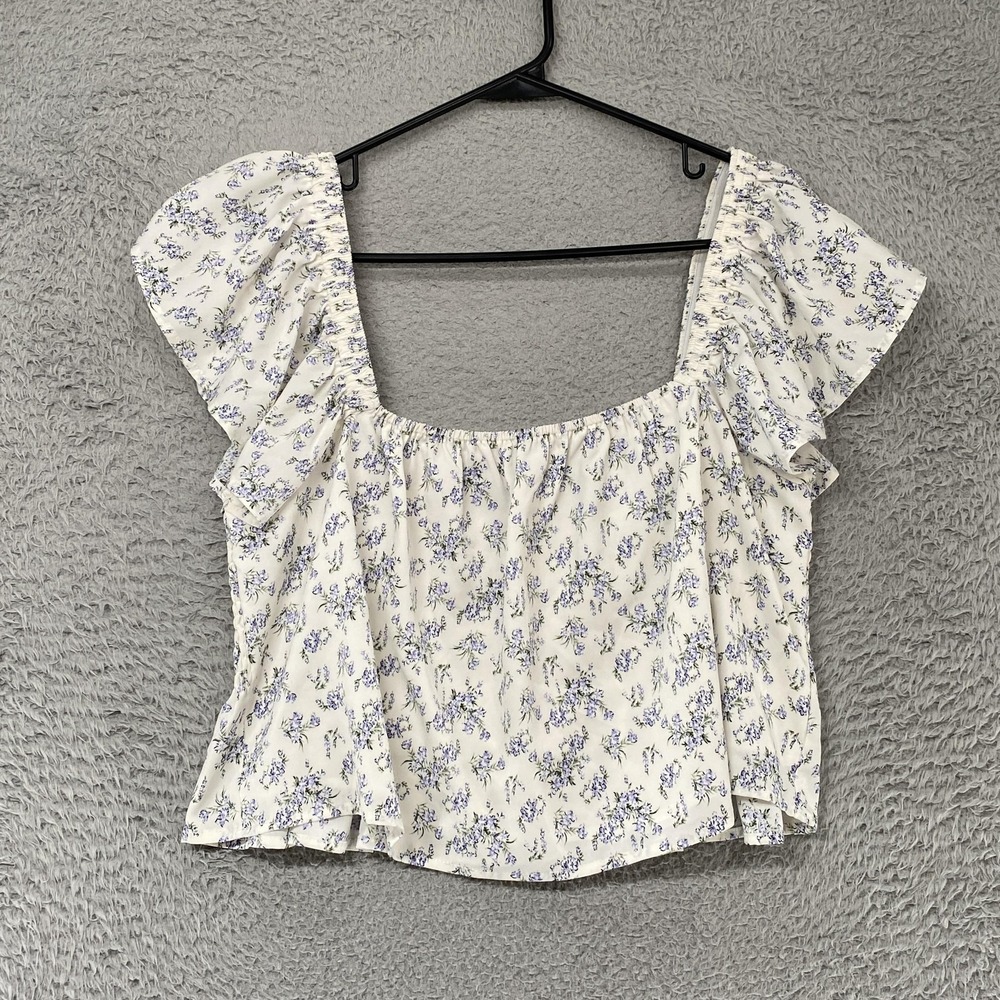 Kittenish Crop Top Womens‎ XL White Floral Square Neck Smocked Cottagecore
